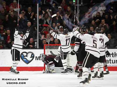 Photo By: Michelle Bishop Omaha celebrates Luke Nogard's (17) goal during the second period. Omaha beat Union 5-3 Saturday night at Baxter Arena. (Photo by Michelle Bishop) (Michelle Bishop)