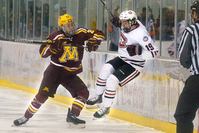Photo By: Jim Rosvold 6 Jan 18: Tyler Nanne (Minnesota - 29), Mikey Eyssimont (St. Cloud - 19). The St. Cloud State University Huskies host the University of Minnesota Golden Gophers in a NCHC matchup at the Herb Brooks National Hockey Center in St. Cloud, MN. (Jim Rosvold)