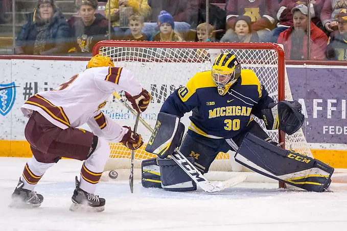 Photo By: Jim Rosvold/USCHO.com 12 Jan 18: The University of Minnesota Golden Gophers host the University of Michigan Wolverines in a B1G matchup at Mariucci Arena in Minneapolis, MN (Jim Rosvold/USCHO.com)
