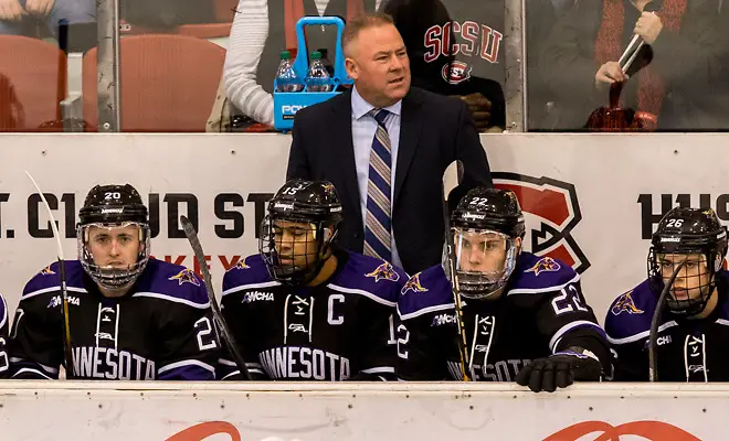Photo By: Bradley K. Olson Coach Mike Hastings (Mankato State University Head Coach ) 2018 Jan. 12 The St.Cloud State University Huskies host Mankato State University n a non conference matchup at the Herb Brooks National Hockey Center in St. Cloud, MN (Bradley K. Olson)
