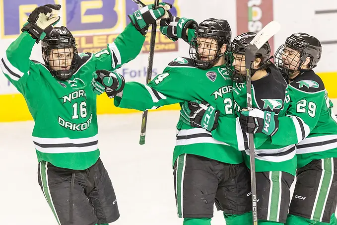 Photo By: Bradley K. Olson Grant Mismash (North Dakota-16) Christian Wolanin (North Dakota-24) Jordan Kawaguchi (North Dakota-29) Shane Gersich (North Dakota-19) 2018 Jan. 27 The University of North Dakota hosts Denver University in a NCHC matchup at the Ralph Engelstad Arena in Grand Forks, ND (Bradley K. Olson)