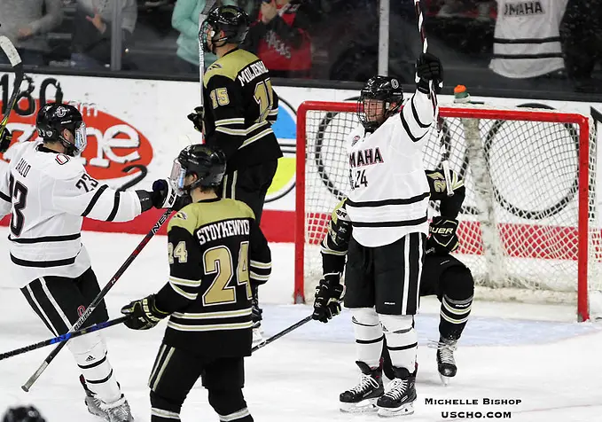 Photo By: Michelle Bishop Omaha's Cole Pickup (24) celebrates his first collegiate goal after scoring an empty-netter during the third period. Omaha beat Western Michigan 6-2 Friday night at Baxter Arena. (Photo by Michelle Bishop) (Michelle Bishop)