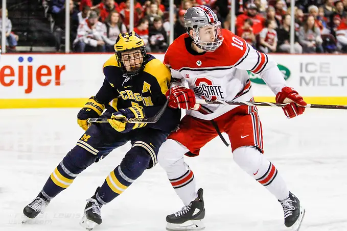 Photo By: Rachel Lewis/©Rachel Lewis JAN 26, 2018: Griffin Luce (Michigan - 5), John Wiitala (OSU - 10) The #6 Ohio State Buckeyes shut out the #20 Michigan Wolverines 4-0 at Value City Arena in Columbus, OH. (Rachel Lewis - USCHO) (Rachel Lewis/©Rachel Lewis)