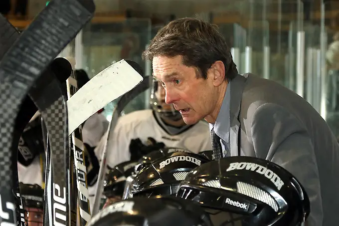 Photo By: Brian Beard/Creative Images Photography Terry Meagher's final regular-season home game at Sid Watson Arena was a gem as Bowdoin downed Trinity 2-1 last Saturday night. (Brian Beard/Creative Images Photography)