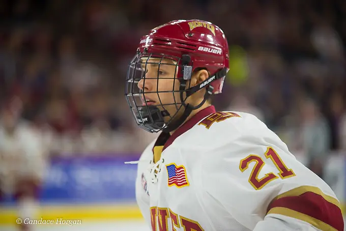 Michael Davies of Denver. Michael Davies of Denver. Minnesota Duluth vs. Denver, Magness Arena, Feb. 3, 2018 (Candace Horgan)