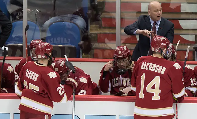 Photo By: Bradley K. Olson 15 March 20 National Collegiate Hockey Conference Tournament match-up at the Target Center in Minneapolis,Minnesota Denver Pioneers and Miami of Ohio Redhawks Coach Jim Montgomery Denver (Bradley K. Olson)