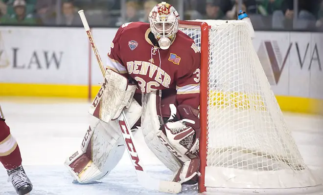 Photo By: Bradley K. Olson Tanner Jaillet (Denver-36) 16 November 11 Denver University and University of North Dakota meet in a NCHC conference contest at Ralph Engelstad Arena (Bradley K. Olson)