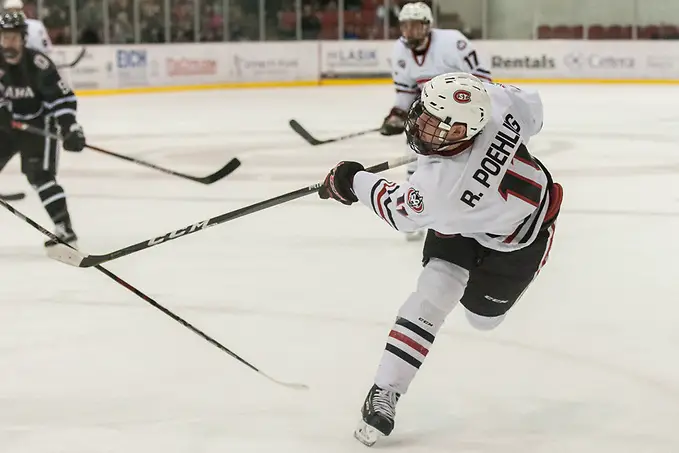 Photo By: Bradley K. Olson Ryan Poehling (SCSU-11) 2018 Feb. 02 St. Cloud State University hosts University of Nebraska Omaha in a NCHC contest at the Herb Brooks National Hockey Center in St. Cloud, MN (Bradley K. Olson)