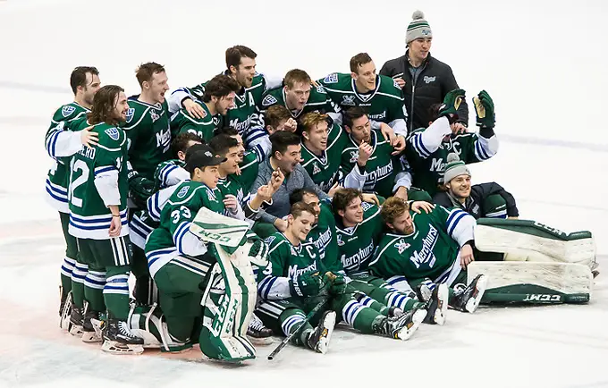 Photo By: 2018 Omar Phillips Mercyhurst players celebrate a win over RIT and clinch the Atlantic Hockey regular season title (2018 Omar Phillips)