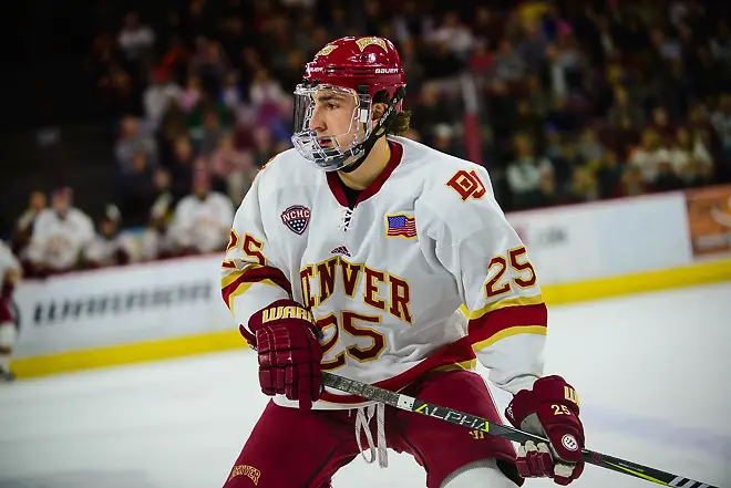 Blake Hillman of Denver Blake Hillman of Denver, Colorado College at Denver, NCHC first-round playoffs, March 10, 2017. (Candace Horgan)