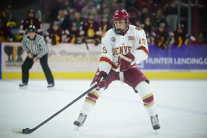 Troy Terry of Denver Minnesota-Duluth at Denver at Magness Arena, Dec. 10, 2016. (Candace Horgan)