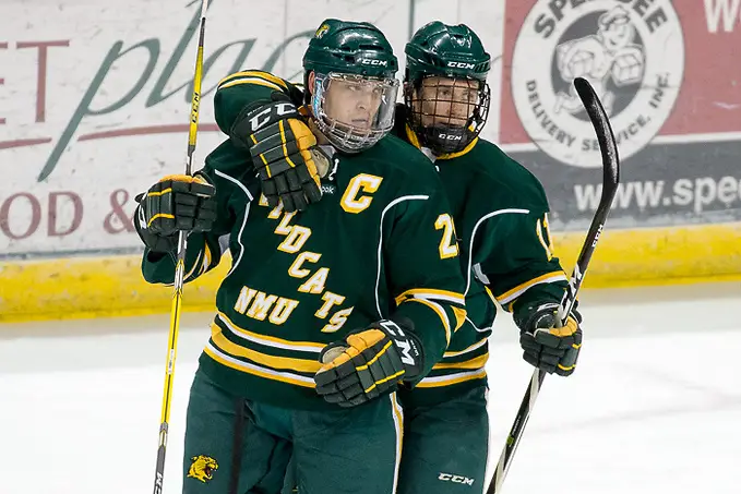 Photo By: Jim Rosvold 08 Dec 17: Justin Baudry (Bemidji State - 29), Charlie Combs (Bemidji State - 11). The Bemidji State University Beavers host the Northern Michigan University Wildcats in a WCHA Conference matchup at the Sanford Center in Bemidji, MN. (Jim Rosvold)