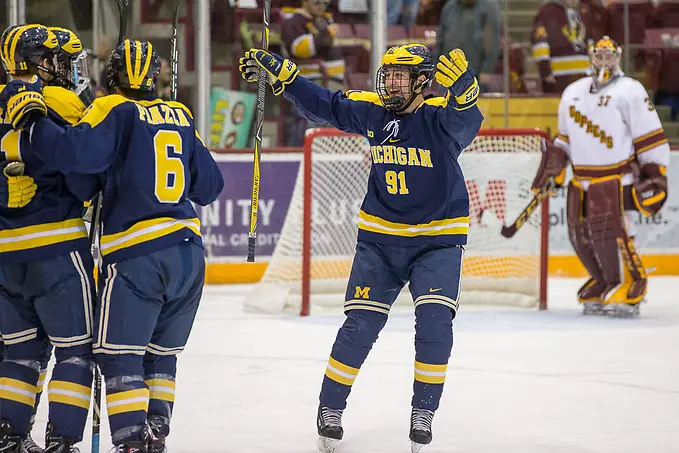 Photo By: Jim Rosvold/USCHO.com 12 Jan 18: The University of Minnesota Golden Gophers host the University of Michigan Wolverines in a B1G matchup at Mariucci Arena in Minneapolis, MN (Jim Rosvold/USCHO.com)