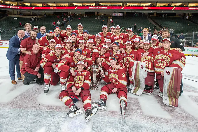 Photo By: Jim Rosvold 17 Mar 18: The Denver University Pioneers play against the St. Cloud State University Huskies in the Championship game of the 2018 NCHC Frozen Faceoff at the Xcel Energy Center in St. Paul, MN. (Jim Rosvold)