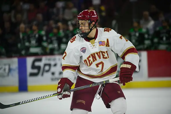 Dylan Gambrell of Denver. Dylan Gambrell of Denver. North Dakota at Denver, Magness Arena, 11/18/17. (Candace Horgan)