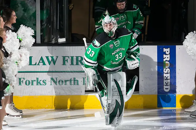 Photo By: Bradley K. Olson Cam Johnson (North Dakota-33)2018 Jan. 27 The University of North Dakota hosts Denver University in a NCHC matchup at the Ralph Engelstad Arena in Grand Forks, ND (Bradley K. Olson)