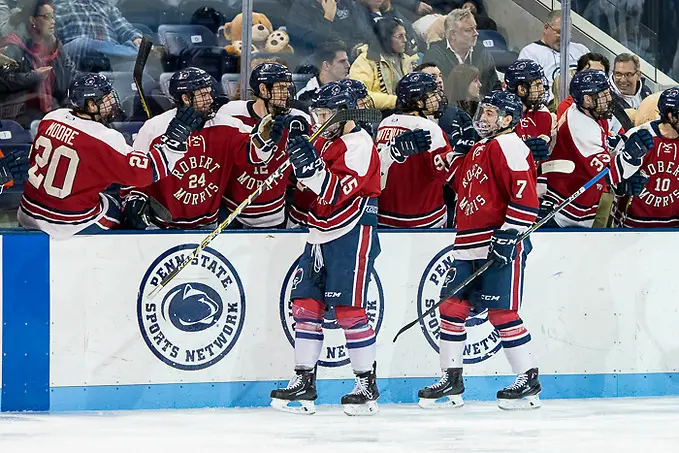 Photo By: Omar Phillips 2017 Robert Morris players celebrate a goal by Spencer Dorowicz (15 - Robert Morris) just 27 seconds into the game (Omar Phillips 2017)