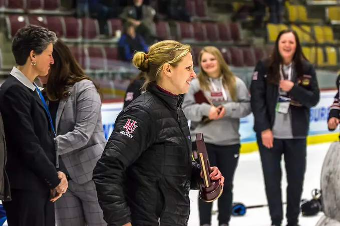 Hamline coach Natalie Darwitz Hamline coach Natalie Darwitz after the Pipers won the third-place game at the 2018 Frozen Four. (Hamline Athletics)