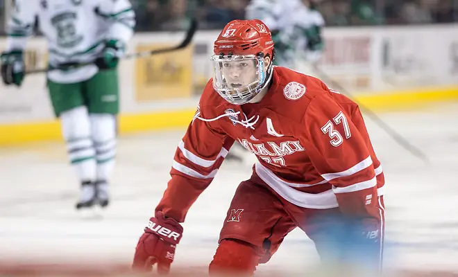 Photo By: Bradley K. Olson Josh Melnick (Miami of Ohio-37) 17 Jan.14 Miami of Ohio Redhawks and University of North Dakota meet in a NCHC conference match-up at the Engelsted Arena Grand Forks, ND (Bradley K. Olson)