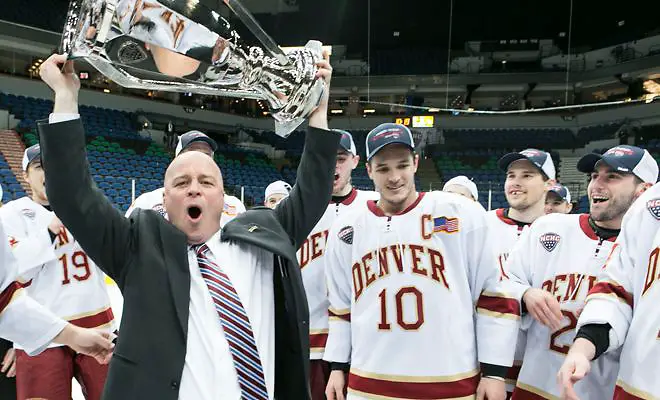 Photo By: Bradley K. Olson Jim Montgomery Head Coach Denver 14 MARCH 22: Denver University and Miami of Ohio National Collegiate Hockey Conference Tournament match-up at the Target Center in Minneapolis,Minnesota (Bradley K. Olson)