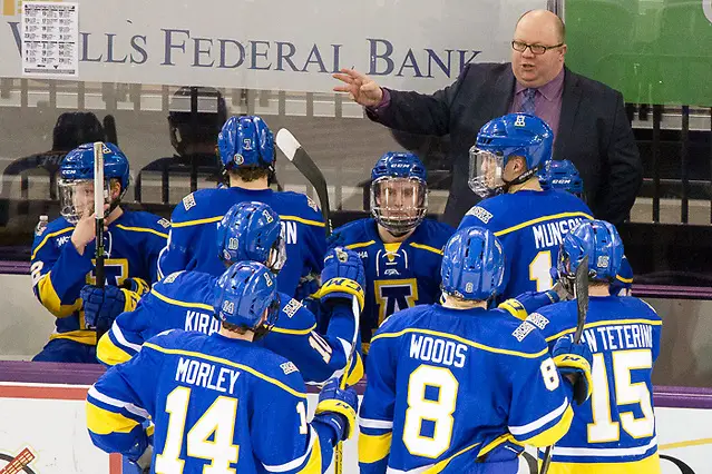 Photo By: Jim Rosvold 3 Mar 17: Dallas Ferguson (Alaska - Head Coach). The Minnesota State University Mavericks host the University of Alaska Fairbanks in the a WCHA Tournament Quarterfinal matchup at Verizon Wireless Center in Mankato, MN. (Jim Rosvold)