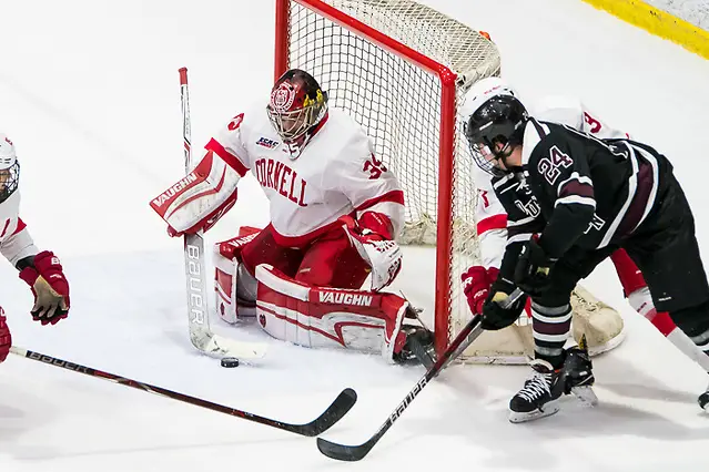 Photo By: 2018 Omar Phillips Matthew Galajda (35 - Cornell) had 24 saves in a 4-3 win vs Union (2018 Omar Phillips)