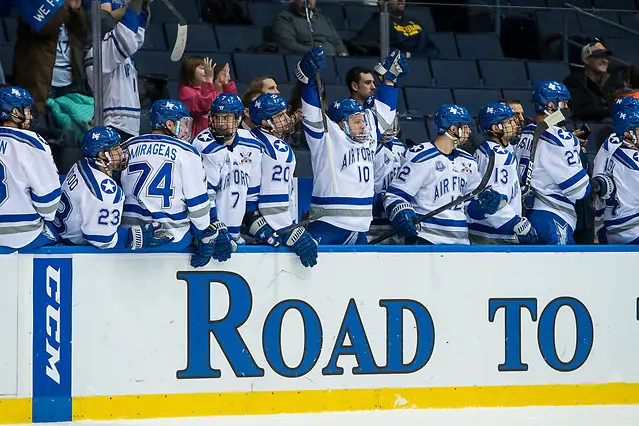 Photo By: 2018 Omar Phillips Air Force players celebrate a first period goal, as they lead 3-0 after the first period (2018 Omar Phillips)