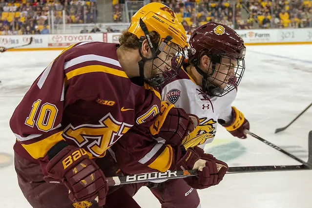 Photo By: Jim Rosvold/University of Minnesota 6 Oct 18: Brent Gates Jr. (Minnesota - 10). The University of Minnesota Golden Gophers play against the University of Minnesota Duluth Bulldogs in a non-conference matchup at AMSOIL Arena in Duluth, MN. (Jim Rosvold/University of Minnesota)