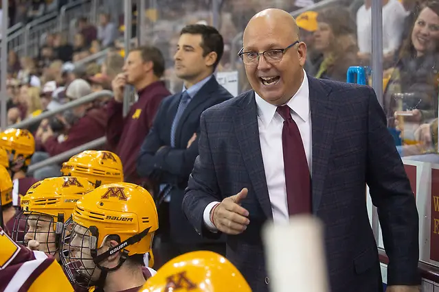 Photo By: Jim Rosvold/University of Minnesota 6 Oct 18: Bob Motzko (Minnesota - Head Coach). The University of Minnesota Golden Gophers play against the University of Minnesota Duluth Bulldogs in a non-conference matchup at AMSOIL Arena in Duluth, MN. (Jim Rosvold/University of Minnesota)