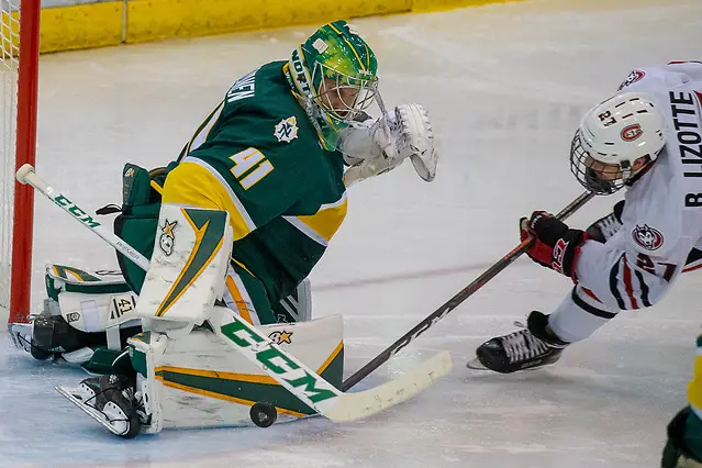 Photo By: Jim Rosvold 19 Oct 18: Atte Tolvanen (Northern Michigan - 41), Blake Lizotte (St. Cloud - 27). The St. Cloud State University Huskies host the Northern Michigan University Wildcats in a non-conference matchup at the Herb Brooks National Hockey Center in St. Cloud, MN. (Jim Rosvold)