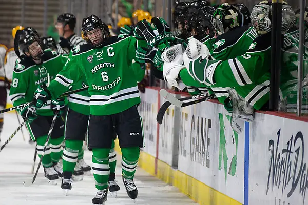 Photo By: Jim Rosvold/University of Minnesota 27 Oct 18: The University of North Dakota Fighting Hawks host the University of Minnesota Golden Gophers in the 2018 US Hockey Hall of Fame Game at Orleans Arena in Las Vegas, NV. Photo: Jim Rosvold/University of Minnesota (Jim Rosvold/University of Minnesota)