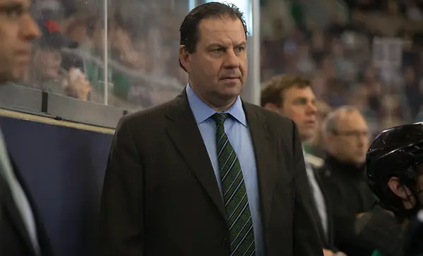 Photo By: Bradley K. Olson Head Coach: Brad Berry 24 March 17 University of North Dakota and Boston University meet in the NCAA West Region at Scheels Arena Fargo, ND (Bradley K. Olson)