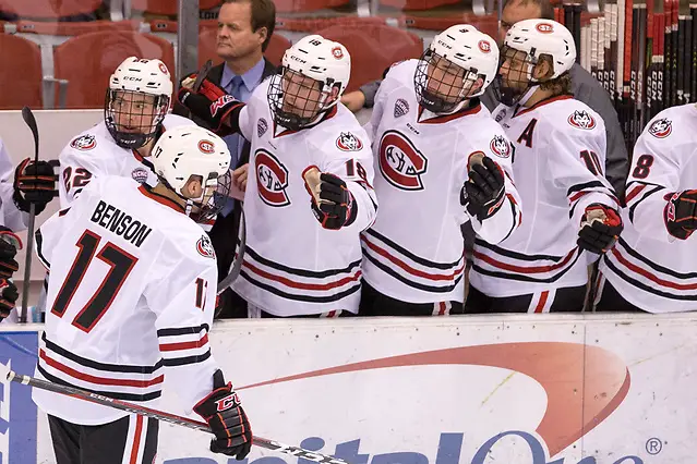 Photo By: Bradley K. Olson Jacob Benson (SCSU-17) 2018 October 7 St. Cloud State University hosts Mount Royal University in a exhibition contest at the Herb Brooks National Hockey Center (Bradley K. Olson)