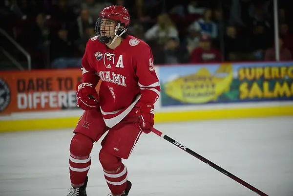 Grant Hutton of Miami Grant Hutton of Miami. Miami at Denver at Magness Arena, March 3, 2018. (Candace Horgan)