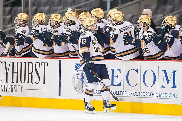 Photo By: 2018 Omar Phillips Notre Dame players celebrate a goal by Colin Theisen (13 - Notre Dame) (2018 Omar Phillips)