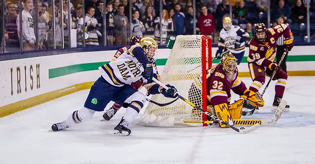 Photo By: Mike Miller/Fighting Irish Media game action between University of Notre Dame vs Minnesota Duluth at Compton Family Ice Arena on October 26, 2018 in South Bend, Indiana. (Mike Miller/Fighting Irish Media)