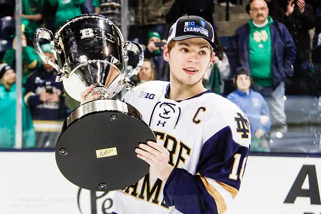 Photo By: Rachel Lewis/©Rachel Lewis 17 MAR 2018: Jake Evans (ND - 18). The University of Notre Dame Fighting Irish host the Ohio State University in the 2018 B1G Championship at Compton Family Ice Arena in South Bend, IN. (Rachel Lewis - USCHO) (Rachel Lewis/©Rachel Lewis)