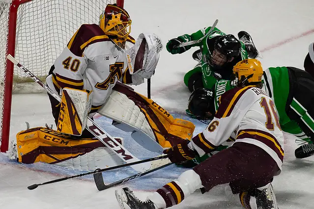Photo By: Jim Rosvold/University of Minnesota 27 Oct 18: The University of North Dakota Fighting Hawks host the University of Minnesota Golden Gophers in the 2018 US Hockey Hall of Fame Game at Orleans Arena in Las Vegas, NV. Photo: Jim Rosvold/University of Minnesota (Jim Rosvold/University of Minnesota)