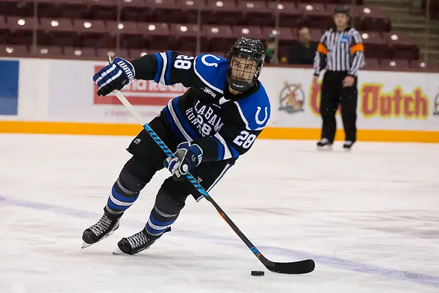 Photo By: Jim Rosvold 30 Dec 16: Kurt Gosselin (Alabama Huntsville - 28). The University of Massachusetts Minutemen play against the University of Alabama Huntsville Chargers in a semi-final matchup at the 2016 Mariucci Classic at Mariucci Arena in Minneapolis, MN. (Jim Rosvold)