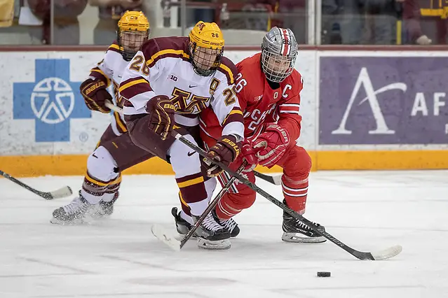 Photo By: Jim Rosvold/University of Minnesota 30 Nov 18: The University of Minnesota Golden Gophers host the Ohio State University Buckeyes in a B1G conference matchup at 3M Arena at Mariucci in Minneapolis, MN. Photo: Jim Rosvold (Jim Rosvold/University of Minnesota)