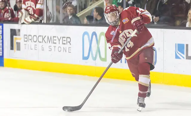 Photo By: Bradley K. Olson Jarid Lukosevicius (Denver-14) 16 November 12 Denver University and University of North Dakota meet in a NCHC conference contest at Ralph Engelstad Arena (Bradley K. Olson)