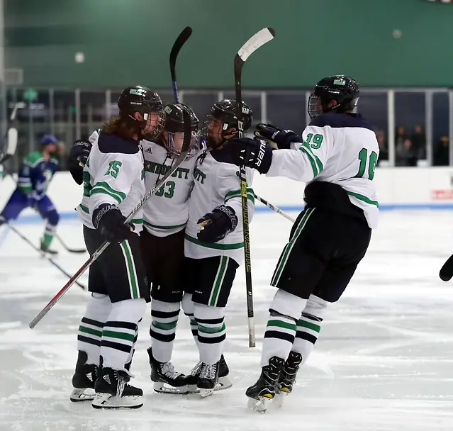 Tommy Besinger, Josh Bowes and Endicott teammates celebrate another goal for the Gulls Senior Forward Josh Bowes (15), Senior Forward Tommy Besinger (33), Sophomore Forward Jake Simons (17), Junior Forward James Winkler (19) (David Le/Endicott Athletics)