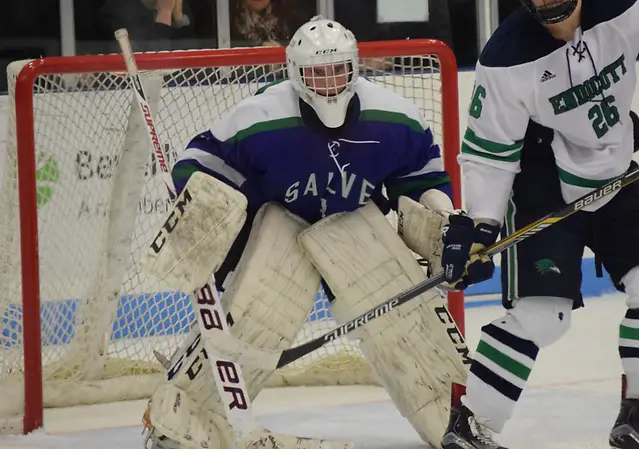 Photo By: Edward Habershaw Freshman Blake Wojtala made 43 saves, completing a playoff shutout hat trick in backing Salve Regina to its first ECAC Northeast title and automatic berth into the NCAA tournament. (Edward Habershaw)