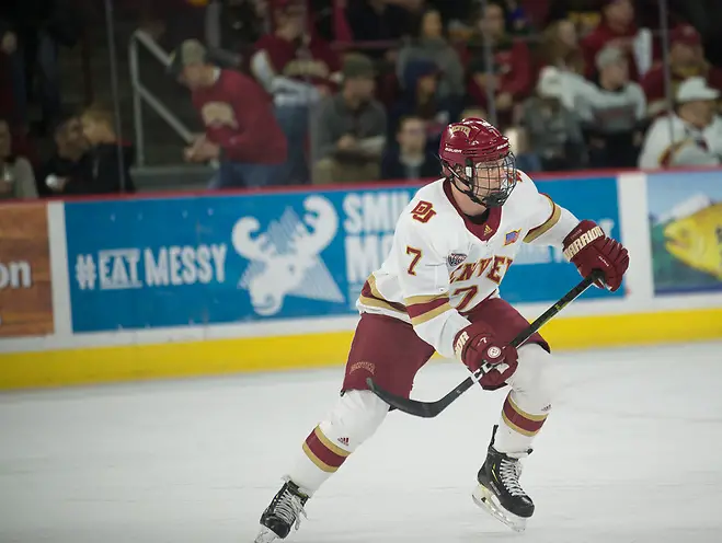 Brett Stapley of Denver Brett Stapley of Denver, Colorado College at Denver at Magness Arena, Jan. 19, 2019 (Candace Horgan)
