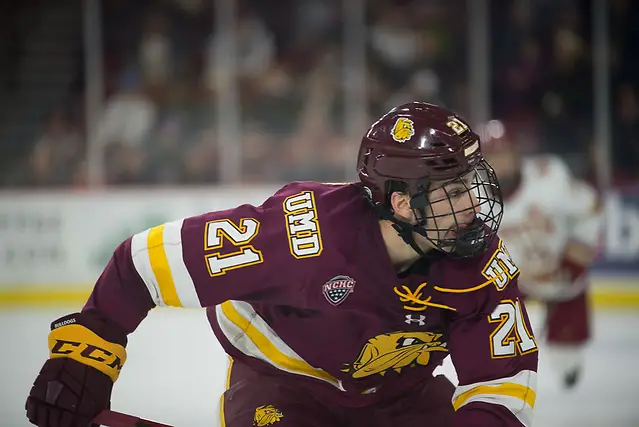 Noah Cates of Minnesota Duluth Noah Cates of Minnesota Duluth. Minnesota Duluth at Denver at Magness Arena, November 17, 2018. (Candace Horgan)