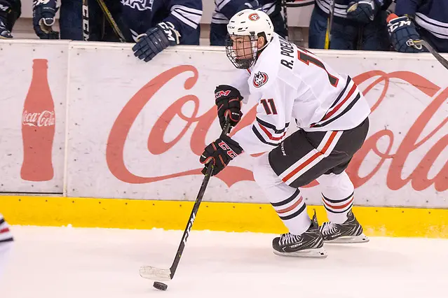 Photo By: Bradley K. Olson Ryan Poehling (SCSU-11) 2018 October 7 St. Cloud State University hosts Mount Royal University in a exhibition contest at the Herb Brooks National Hockey Center (Bradley K. Olson)