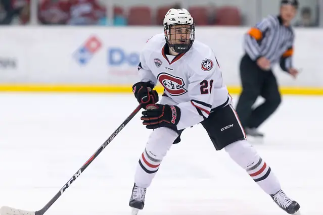 Photo By: Bradley K. Olson Kevin Fitzgerald (SCSU-28) 2018 November 10 St.Cloud State University hosts Denver in a NCHC contest at the Herb Brooks National Hockey Center in St. Cloud, MN (Bradley K. Olson)