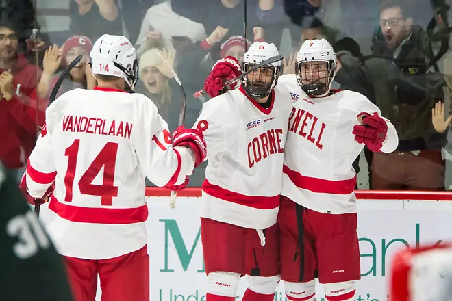 Photo By: 2018 Omar Phillips Cam Donaldson (7 - Cornell), Yanni Kaldis (8 - Cornell), Mitch Vanderlaan (14 - Cornell) (2018 Omar Phillips)