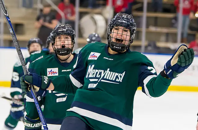 Photo By: 2018 Omar Phillips Emma Nuutinen (20 - Mercyhurst) after scoring a first period goal (2018 Omar Phillips)
