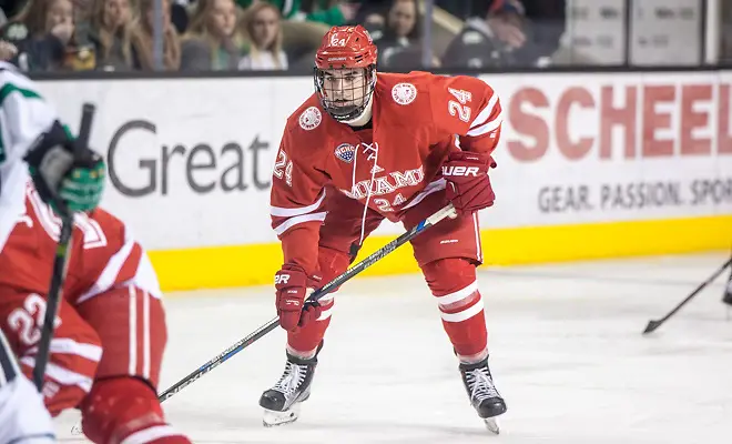 Photo By: Bradley K. Olson Ryan Siroky (Miami of Ohio-24) 17 Jan.14 Miami of Ohio Redhawks and University of North Dakota meet in a NCHC conference match-up at the Engelsted Arena Grand Forks, ND (Bradley K. Olson)